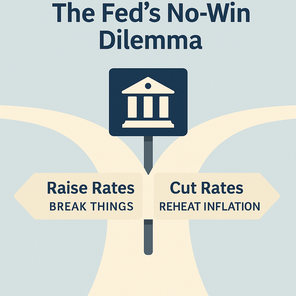 Forked road sign showing the Federal Reserve’s policy dilemma: raise interest rates and break things, or cut rates and reheat inflation.